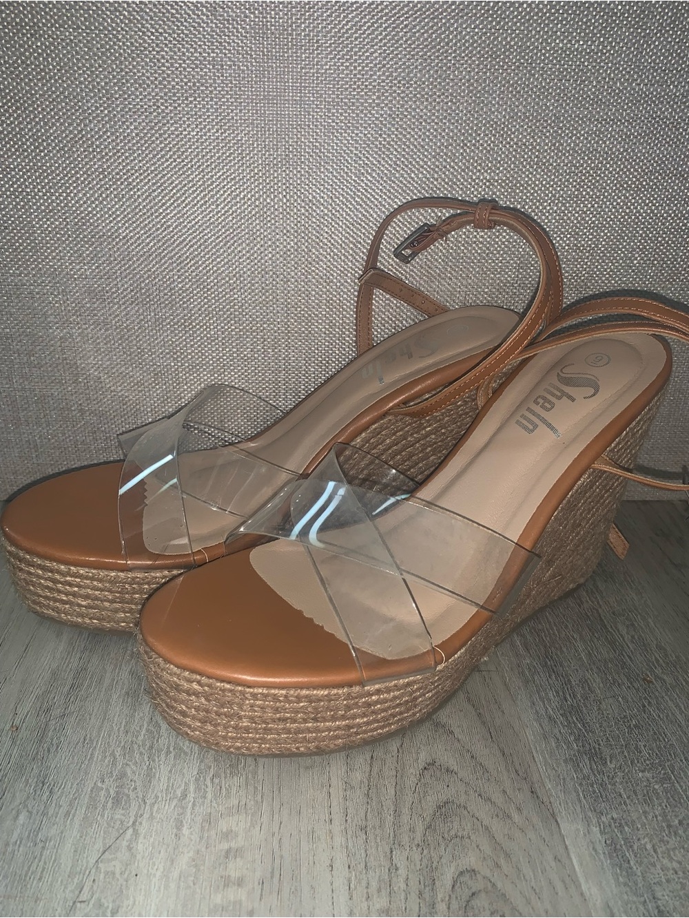 SHEIN Tan Wedge Sandals with Clear Straps and Ankle Tie worn once on stage